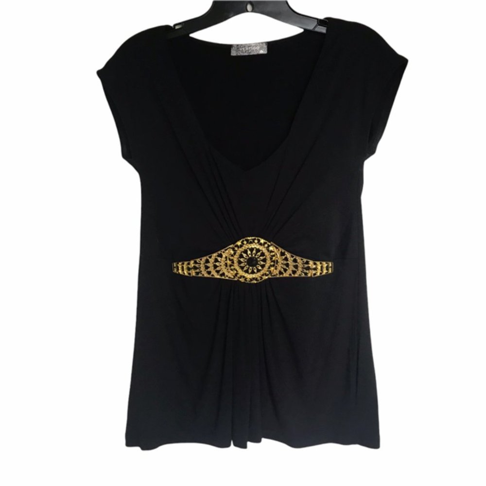 Vertigo black knit tunic top w/gold ornament sz L